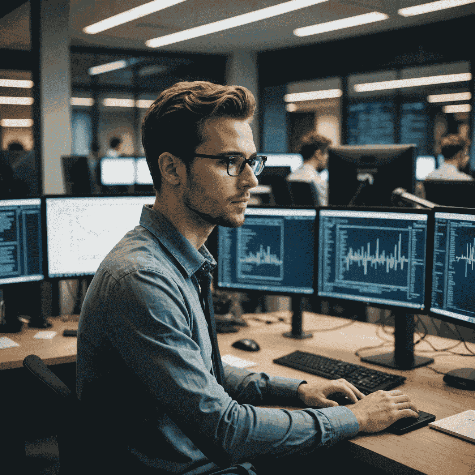 Молодой специалист работает за компьютером в современном офисе IT-компании, на экране видны строки кода